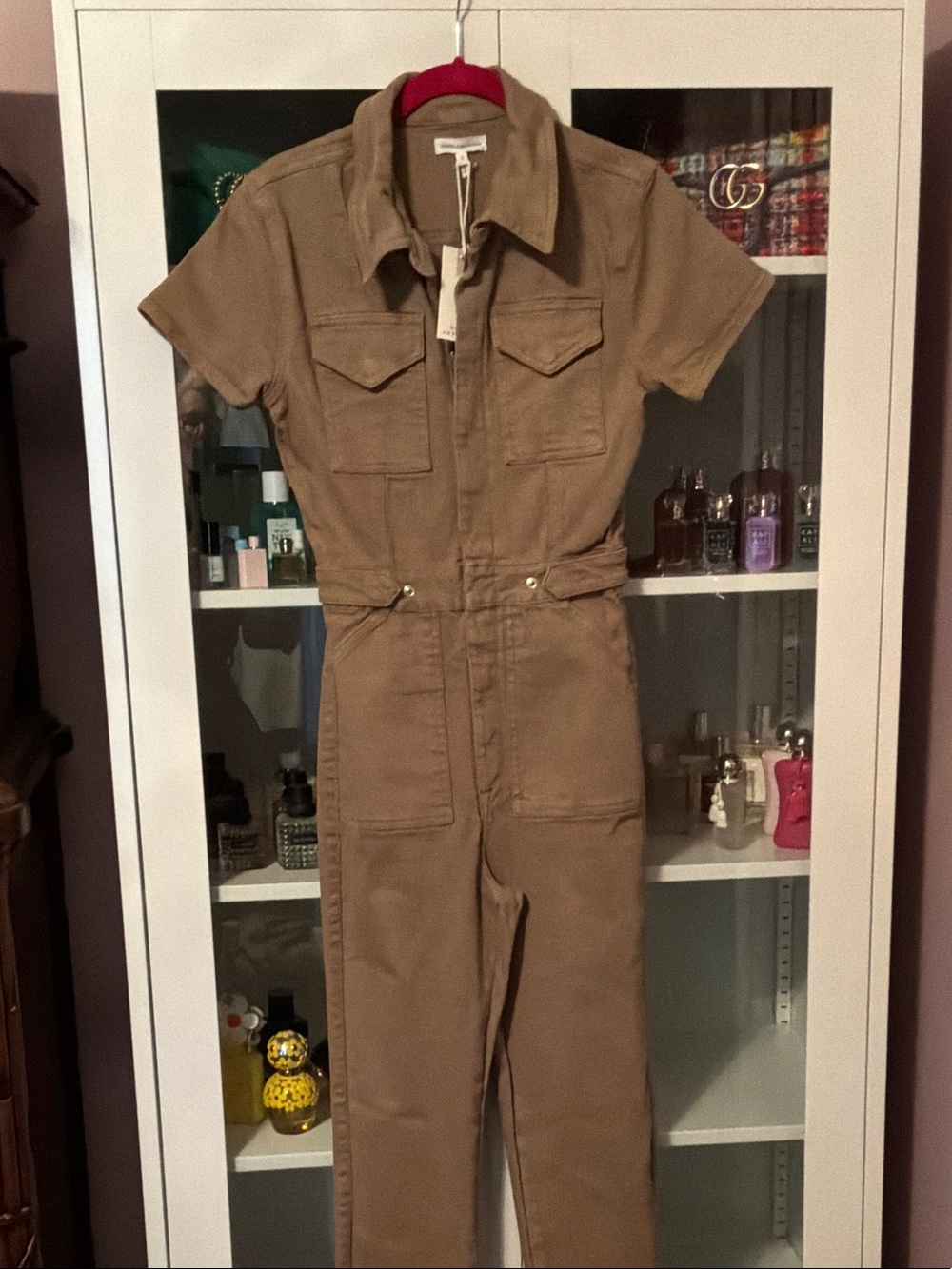 Good American Short-Sleeve Utility Jumpsuit in Tan